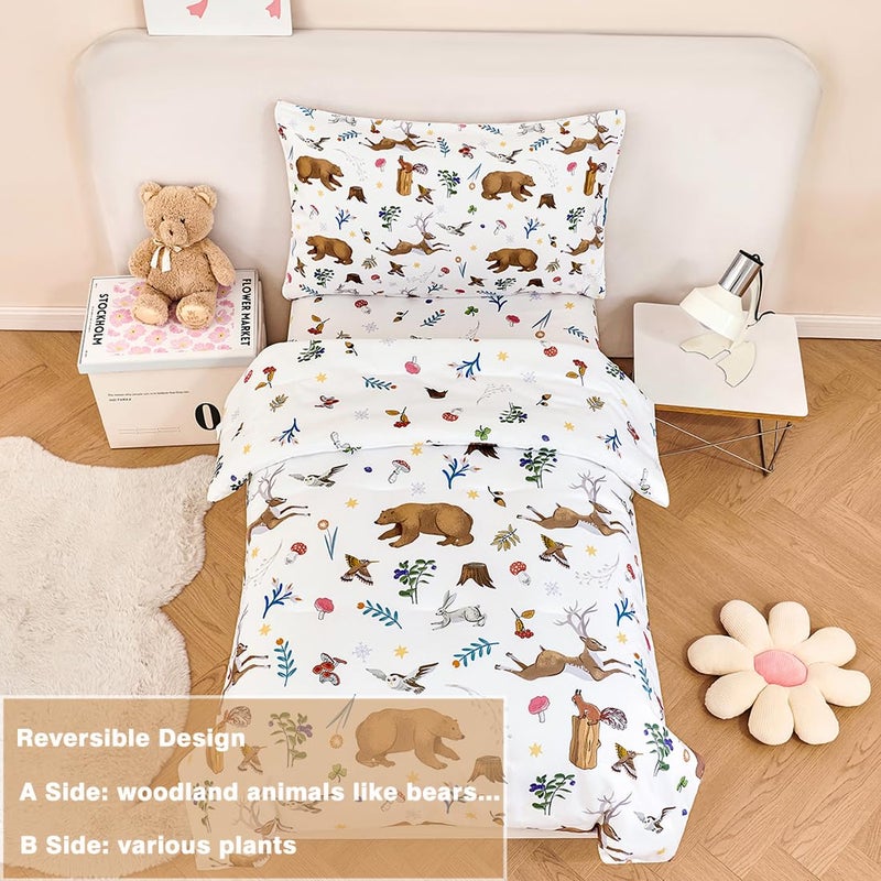 PERFEMET 4-Piece Toddler Bedding Set-Reversible Woodland Animal Toddler Bed Sets for Boys Girls-Soft Lightweight Cartoon Bear Deer Print Toddler Bed Comforter with Sheets for All Season - Image 3